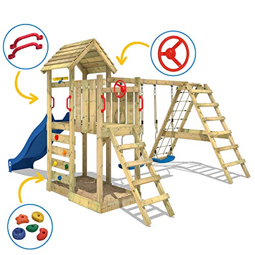 WICKEY Parque infantil de madera RocketFlyer con columpio y tobogán verde, Torre de escalada de exterior con arenero y escalera para niños