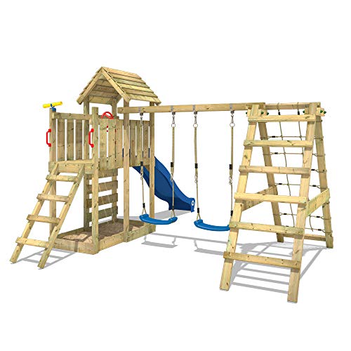 WICKEY Parque infantil de madera RocketFlyer con columpio y tobogán verde, Torre de escalada de exterior con arenero y escalera para niños