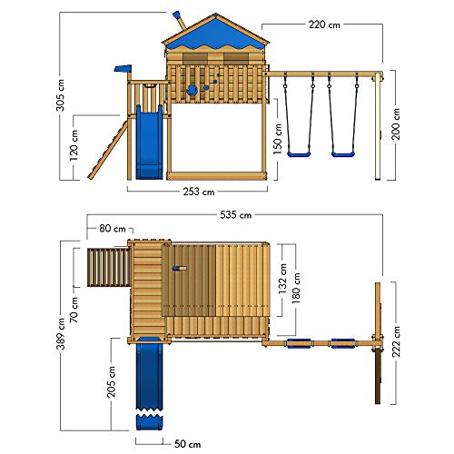 WICKEY Parque infantil de madera Smart Coast con columpio y tobogán azul, Casa sobre pilares de exterior con arenero y escalera para niños