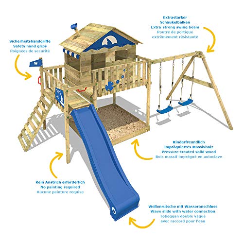 WICKEY Parque infantil de madera Smart Coast con columpio y tobogán azul, Casa sobre pilares de exterior con arenero y escalera para niños