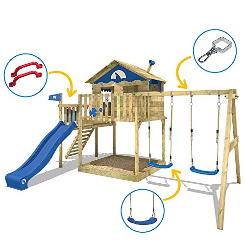 WICKEY Parque infantil de madera Smart Coast con columpio y tobogán azul, Casa sobre pilares de exterior con arenero y escalera para niños