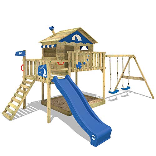 WICKEY Parque infantil de madera Smart Coast con columpio y tobogán azul, Casa sobre pilares de exterior con arenero y escalera para niños