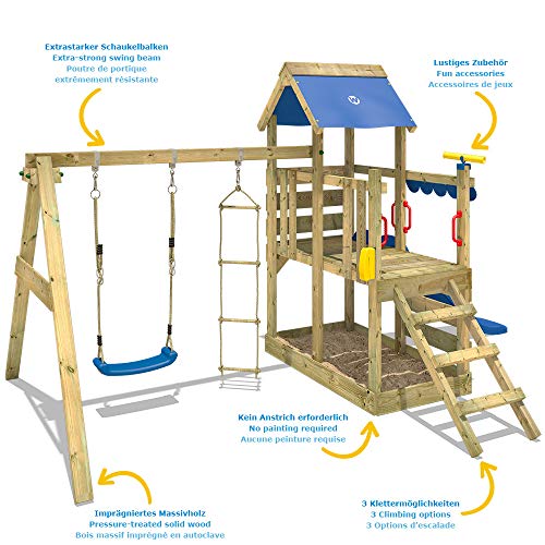 WICKEY Parque infantil de madera TurboFlyer con columpio y tobogán verde, Torre de escalada de exterior con arenero y escalera para niños