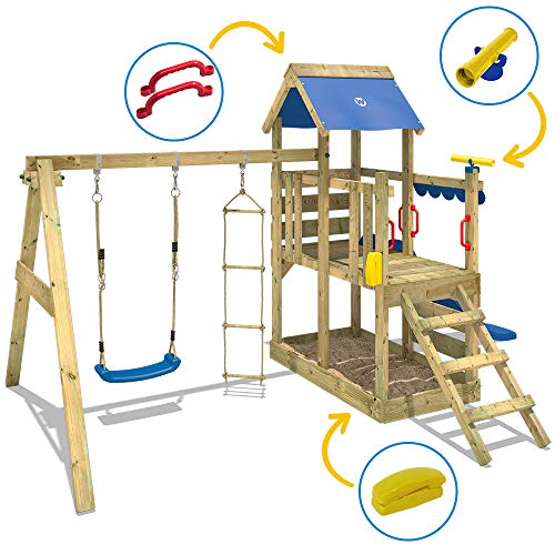 WICKEY Parque infantil de madera TurboFlyer con columpio y tobogán verde, Torre de escalada de exterior con arenero y escalera para niños