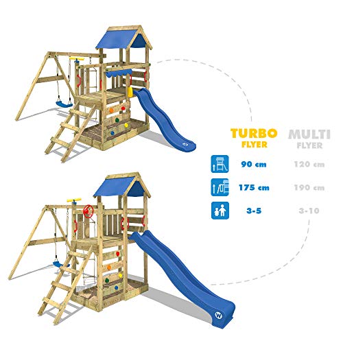 WICKEY Parque infantil de madera TurboFlyer con columpio y tobogán verde, Torre de escalada de exterior con arenero y escalera para niños