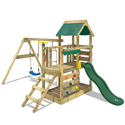 WICKEY Parque infantil de madera TurboFlyer con columpio y tobogán verde, Torre de escalada de exterior con arenero y escalera para niños