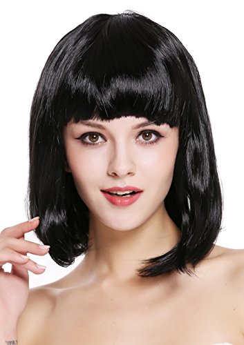 WIG ME UP- 0073-3-P103 Peluca Mujer Carnaval Halloween Disco Party Corto Longbob Bob Flequillo Negra