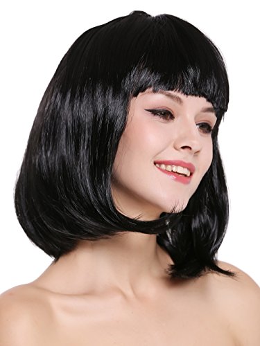 WIG ME UP- 0073-3-P103 Peluca Mujer Carnaval Halloween Disco Party Corto Longbob Bob Flequillo Negra