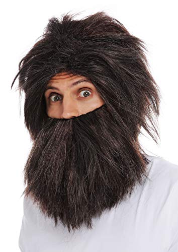 WIG ME UP- 6090A+B-P1-P68A-P30 Peluca Barba Set Hombres Carnaval Salvaje Hombre prehistórico Neandertal Mezcla castaña Gris