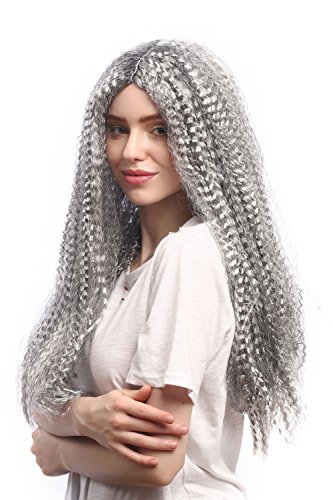 WIG ME UP- 86625-P103/309 Peluca señoras Negro y Gris Largo, Partida Media, rizos Bruja Vampiro Hippie Viejo 60 cm