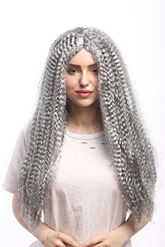 WIG ME UP- 86625-P103/309 Peluca señoras Negro y Gris Largo, Partida Media, rizos Bruja Vampiro Hippie Viejo 60 cm