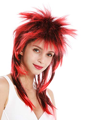 WIG ME UP- DH1069-PC103TPC13 Peluca Carnaval Punk Melena roquero Salvaje los 80 Pelo Wave erizado Largo Negro Rojo