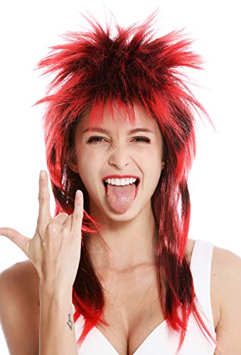 WIG ME UP- DH1069-PC103TPC13 Peluca Carnaval Punk Melena roquero Salvaje los 80 Pelo Wave erizado Largo Negro Rojo