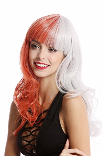 WIG ME UP- GF-W2301-1001A+T2313 Peluca mujer arlequín larga rizada excéntrica flequillo mitad color roja mitad gris