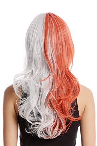 WIG ME UP- GF-W2301-1001A+T2313 Peluca mujer arlequín larga rizada excéntrica flequillo mitad color roja mitad gris