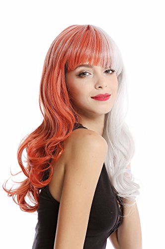 WIG ME UP- GF-W2301-1001A+T2313 Peluca mujer arlequín larga rizada excéntrica flequillo mitad color roja mitad gris