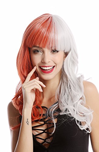 WIG ME UP- GF-W2301-1001A+T2313 Peluca mujer arlequín larga rizada excéntrica flequillo mitad color roja mitad gris