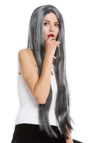 WIG ME UP- TH46 Peluca Mujer Hombre Carnaval Halloween Muy Largo Liso Raya Medio Gris Moteado Hippie Viejo