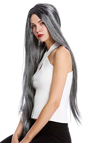 WIG ME UP- TH46 Peluca Mujer Hombre Carnaval Halloween Muy Largo Liso Raya Medio Gris Moteado Hippie Viejo