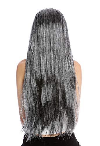 WIG ME UP- TH46 Peluca Mujer Hombre Carnaval Halloween Muy Largo Liso Raya Medio Gris Moteado Hippie Viejo