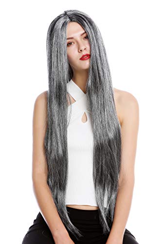 WIG ME UP- TH46 Peluca Mujer Hombre Carnaval Halloween Muy Largo Liso Raya Medio Gris Moteado Hippie Viejo