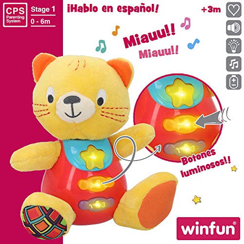 winfun - Peluche Gato para bebés que habla y luces de colores, Idioma: Español (85176)