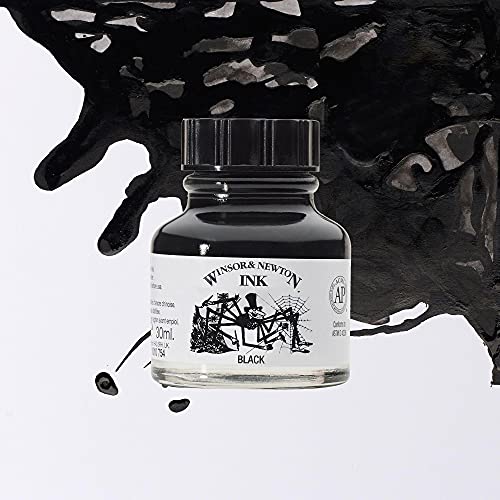 Winsor & Newton Tinta para Dibujo Drawing Ink - frasco de 30ml, tinta china negra, indian ink, resistente al agua y la luz