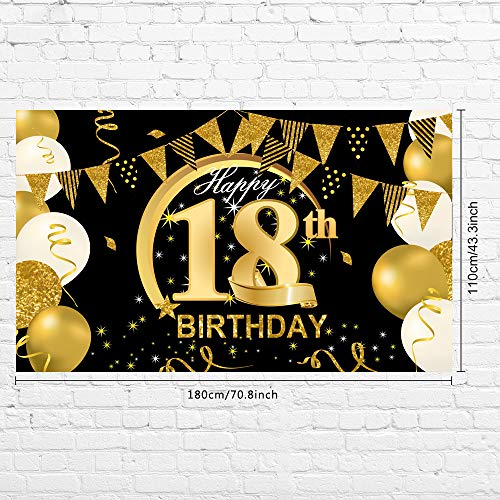 WIWJ 18 Decoración de Fiesta de Cumpleaños de Oro Negro, Extra Grande Póster de Tela Cartel para 18 Aniversario Feliz Cumpleaños Pancarta de Fondo Materiales de Fiesta de Cumpleaños