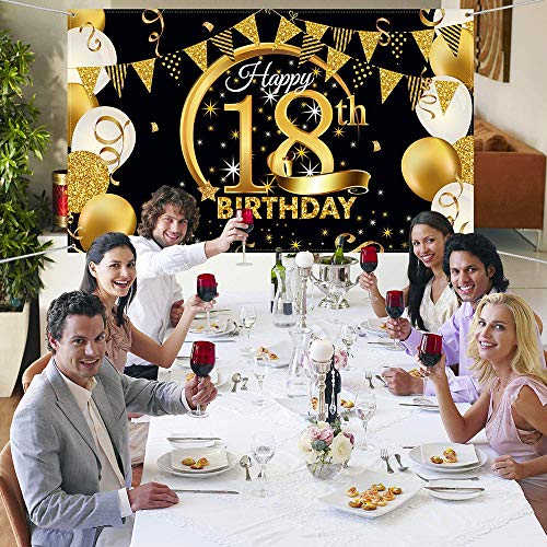 WIWJ 18 Decoración de Fiesta de Cumpleaños de Oro Negro, Extra Grande Póster de Tela Cartel para 18 Aniversario Feliz Cumpleaños Pancarta de Fondo Materiales de Fiesta de Cumpleaños