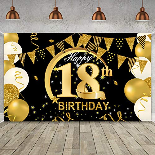 WIWJ 18 Decoración de Fiesta de Cumpleaños de Oro Negro, Extra Grande Póster de Tela Cartel para 18 Aniversario Feliz Cumpleaños Pancarta de Fondo Materiales de Fiesta de Cumpleaños