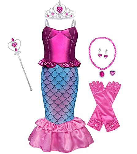 WonderBabe Ariel Disfraz De Sirena para Niñas Disfraz para Niñas Accesorios para Vestidos De Fiesta Traje De Fiesta De Cumpleaños para Niños Talla 5-6