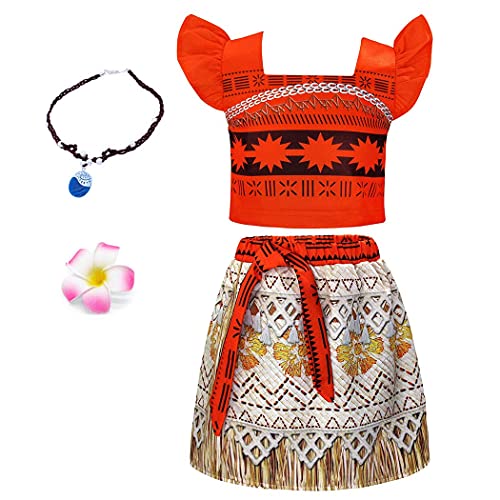 WonderBabe Disfraz De Moana Traje Naranja Niños Pequeños Aventura Cosplay Falda Fiesta De Halloween Vestido Elegante para Niñas De 9-10 Años