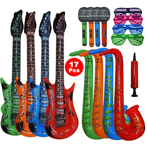 Woo Well 17 Piezas Juguete de Instrumentos Inflable de Gran tamaño,Incluye: 4 x Guitarra Inflable (93 cm), 4 x saxofón Inflable (70 cm), 4 x micrófono Inflable (35 cm), 4 x Gafas, 1 x Bomba Manual.