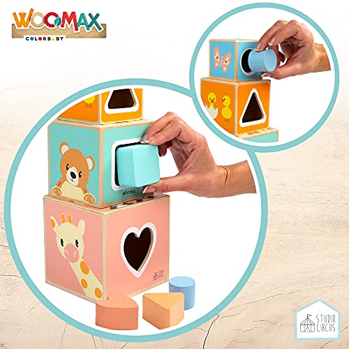 WOOMAX - Cubos apilables bebe madera, encajables bebé, cubos apilables, juguetes bebé, juguetes bebé 12 meses, juguetes bebes 1 año educativos, juguetes de madera para bebés (46453)