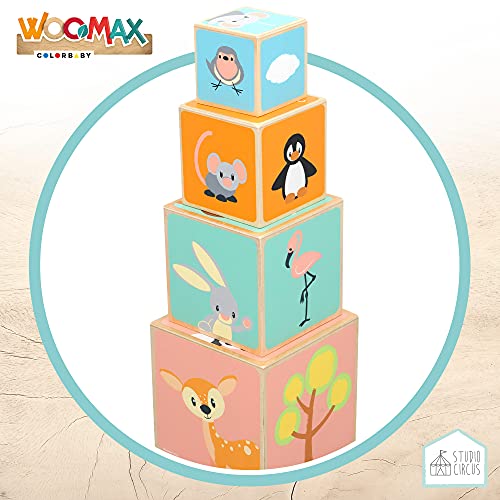 WOOMAX - Cubos apilables bebe madera, encajables bebé, cubos apilables, juguetes bebé, juguetes bebé 12 meses, juguetes bebes 1 año educativos, juguetes de madera para bebés (46453)