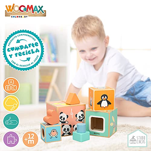 WOOMAX - Cubos apilables bebe madera, encajables bebé, cubos apilables, juguetes bebé, juguetes bebé 12 meses, juguetes bebes 1 año educativos, juguetes de madera para bebés (46453)