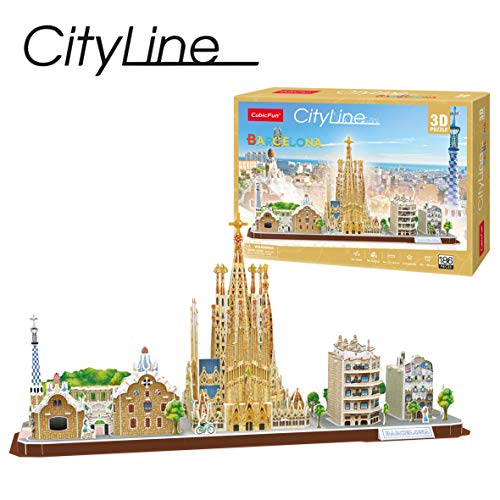 World Brands- City Line Barcelona, Puzzles para Adultos y Niños, Maquetas para Montar, Rompecabezas 3D, Regalos Divertidos, Cultura, Viajar Desde Casa, Multicolor (CubicFun MC256H)