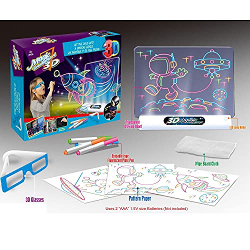 wuxafe Tablero De Dibujo 3D, De Dibujo 3D Mágico,Conjunto con Luces LED Educativo Infantil Dibujo, Cuatro Bolígrafos, Tablero De Dibujo Magnético,