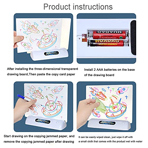 wuxafe Tablero De Dibujo 3D, De Dibujo 3D Mágico,Conjunto con Luces LED Educativo Infantil Dibujo, Cuatro Bolígrafos, Tablero De Dibujo Magnético,