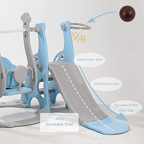 WWUIUIWW Juego de escaladores y columpios 4 en 1 para niños pequeños, cinturón de seguridad, juego de tobogán de escalada para niños con soporte de baloncesto(azul)