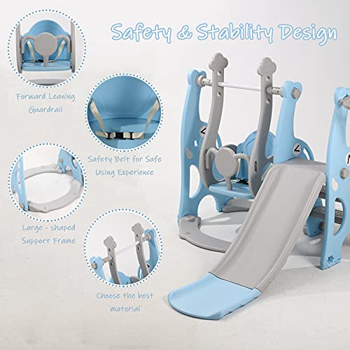 WWUIUIWW Juego de escaladores y columpios 4 en 1 para niños pequeños, cinturón de seguridad, juego de tobogán de escalada para niños con soporte de baloncesto(azul)