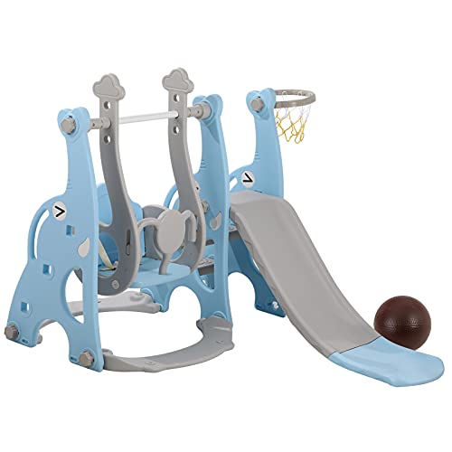 WWUIUIWW Juego de escaladores y columpios 4 en 1 para niños pequeños, cinturón de seguridad, juego de tobogán de escalada para niños con soporte de baloncesto(azul)