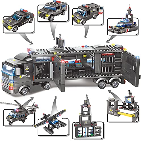 WYSWYG City Police Toy, Piedras de construcción, 1022 Piezas 8 en 1 Set de policía , Juguete Stem para niños de 6 7+ años, Set de Piedras de construcción Compatible (Negro)