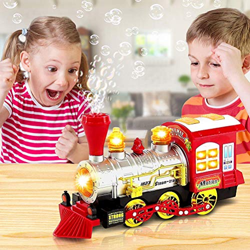 WyTosa Tren de Vapor Locomotora con Motor de Coche Burbuja Que sopla Bump & Go Tren, Burbuja Que sopla Tren de Juguete Locomotora a batería con luz y música Tren de Burbujas de Juguete para niños