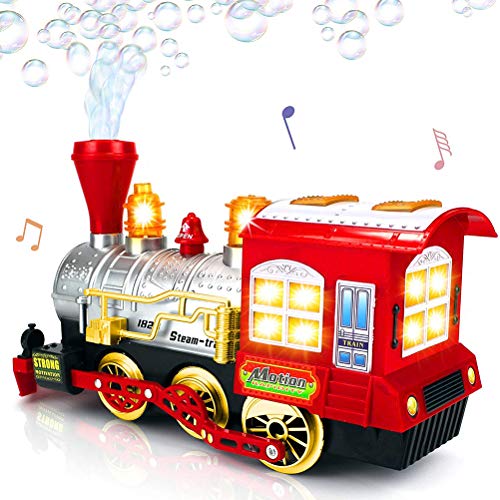 WyTosa Tren de Vapor Locomotora con Motor de Coche Burbuja Que sopla Bump & Go Tren, Burbuja Que sopla Tren de Juguete Locomotora a batería con luz y música Tren de Burbujas de Juguete para niños