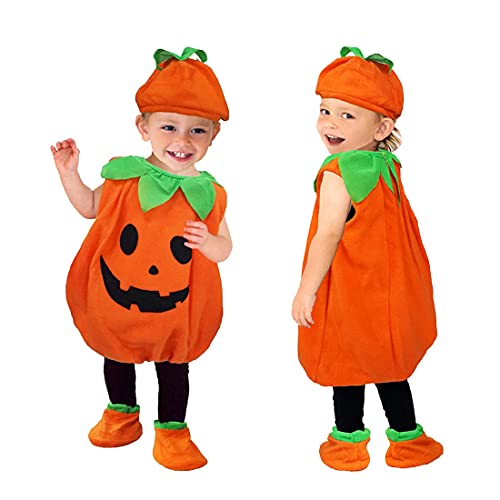 XIAOKEKE Disfraz Halloween Disfraz De Calabaza Mono Niños Cosplay Vestido para Carnaval Navidad Fiesta Ropa con Sombrero Zapatos,90cm