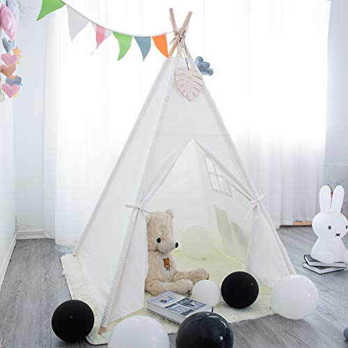 xiaowantong Tienda Tipi para niños XWT con tapete de Felpa, Tipi de Lona Blanca cruda para niña niño con Estuche de Transporte, casa de Juegos portátil para niños para Interiores