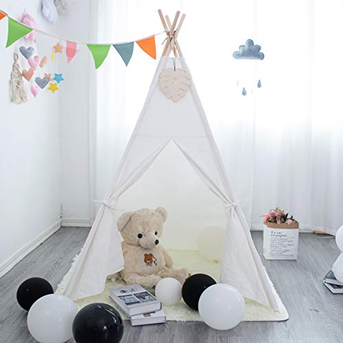 xiaowantong Tienda Tipi para niños XWT con tapete de Felpa, Tipi de Lona Blanca cruda para niña niño con Estuche de Transporte, casa de Juegos portátil para niños para Interiores