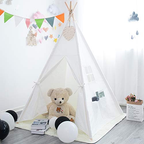 xiaowantong Tienda Tipi para niños XWT con tapete de Felpa, Tipi de Lona Blanca cruda para niña niño con Estuche de Transporte, casa de Juegos portátil para niños para Interiores