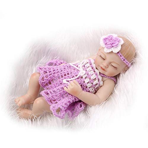 XWZ Mini Muñecas Reborn Lindas de 27Cm, Muñeca Baby Palm, Juguete de Baño para Bebé, Muñeca de Silicona Suave, Mini Muñeca Recién Nacida, Muñeca de Compañero, Muñeca con Falda de Punto Morado